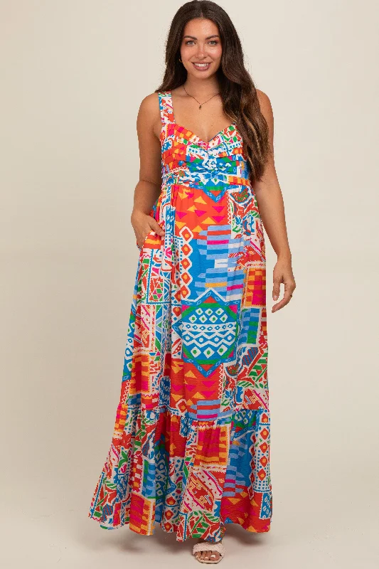 Blue Multi-Color Abstract Print Tiered Maternity Maxi Dress Wrap maxi dresses