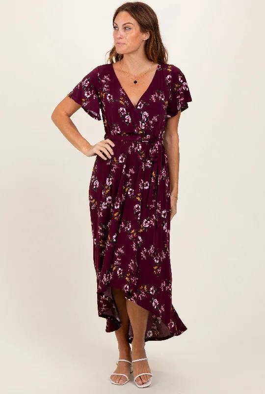 Burgundy Floral Short Sleeve Wrap Hi-Low Maxi Dress Comfortable maxi dresses for everyday wear