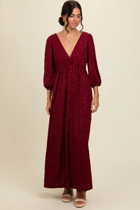 Burgundy Glitter V-Neck Maxi Dress Lace maxi dresses