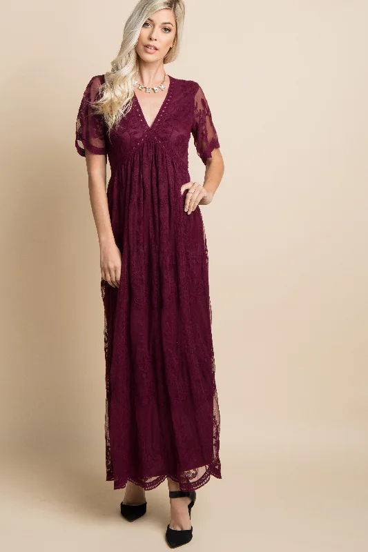 Burgundy Lace Mesh Overlay Maxi Dress Cute floral print maxi dresses