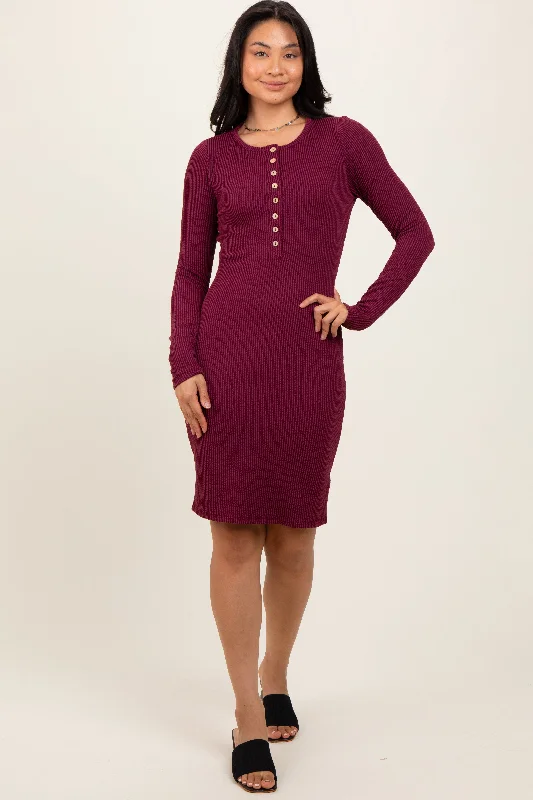 Burgundy Ribbed Long Sleeve Half Button Up Fitted Dress Must-have maxi dresses for this season