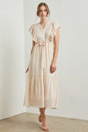 Cream Cuffed Sleeve Front Tie Maxi Dress Elegant maxi dresses