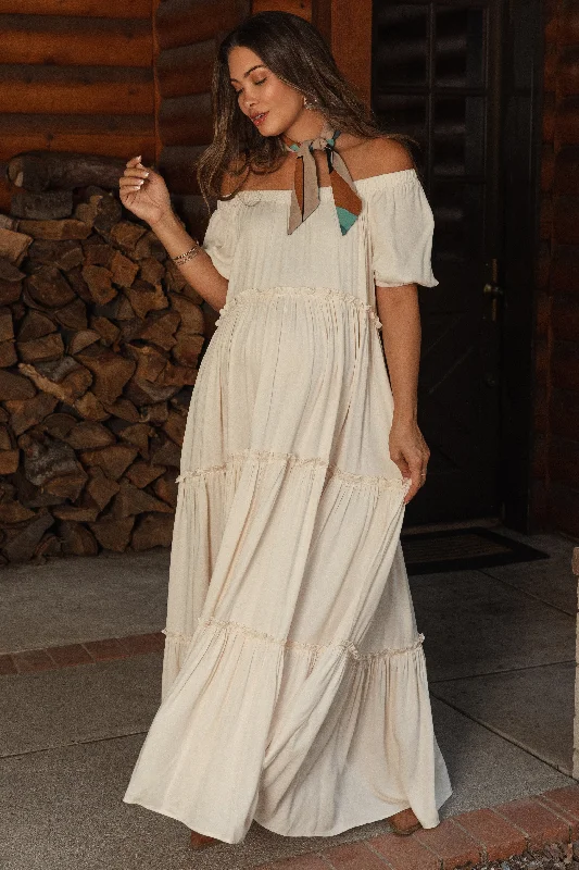 Cream Off Shoulder Ruffle Tiered Maternity Maxi Dress Best maxi dresses for casual wear