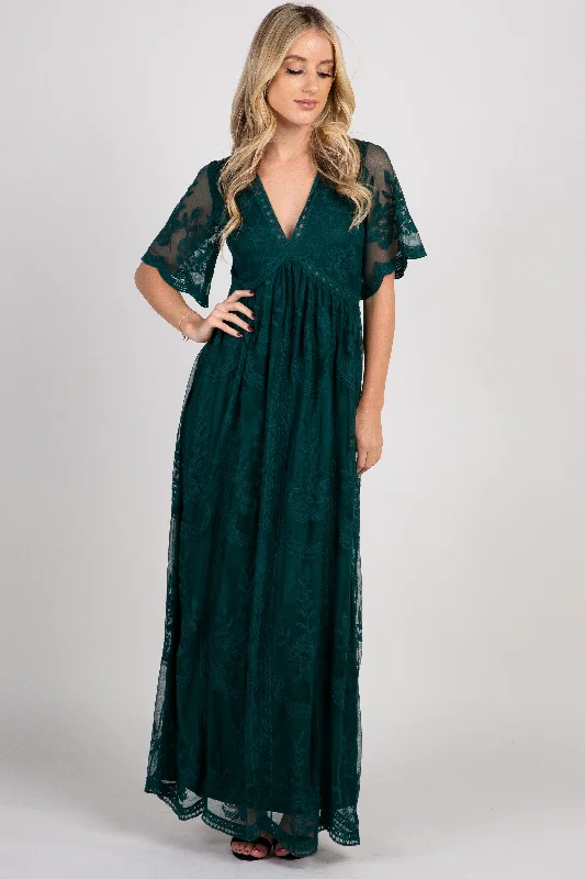 Forest Green Lace Mesh Overlay Maxi Dress Satin maxi dresses