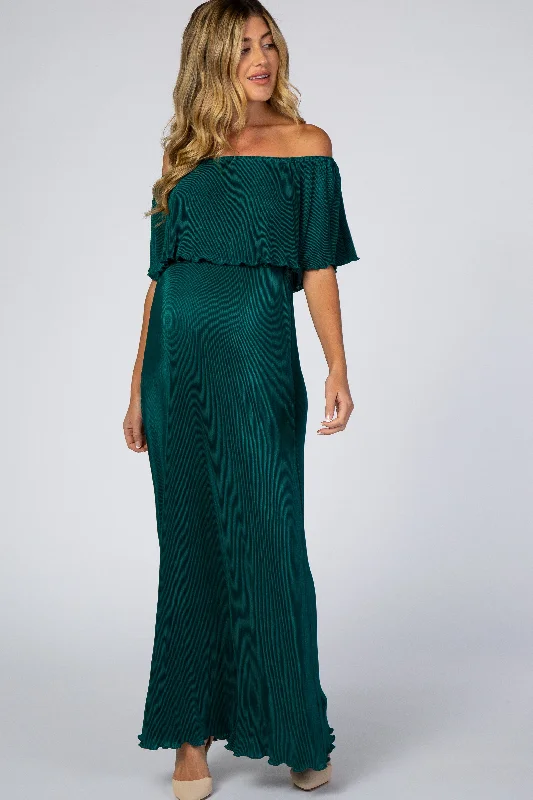 Forest Green Pleated Ruffle Off Shoulder Maternity Maxi Dress Knitted maxi dresses