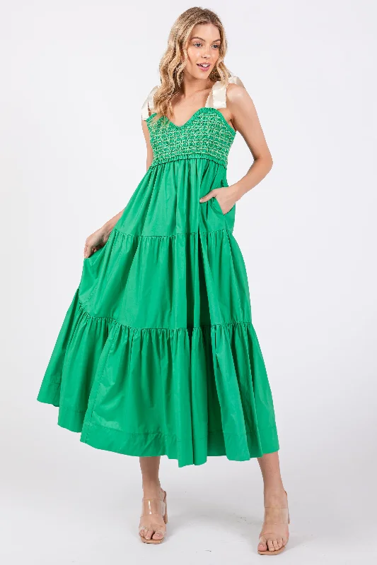 Green Ribbon Strap Tiered Maxi Dress Beach maxi dresses