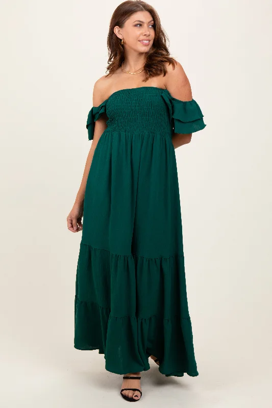 Hunter Green Smocked Ruffle Off Shoulder Tiered Maxi Dress Birthday maxi dresses