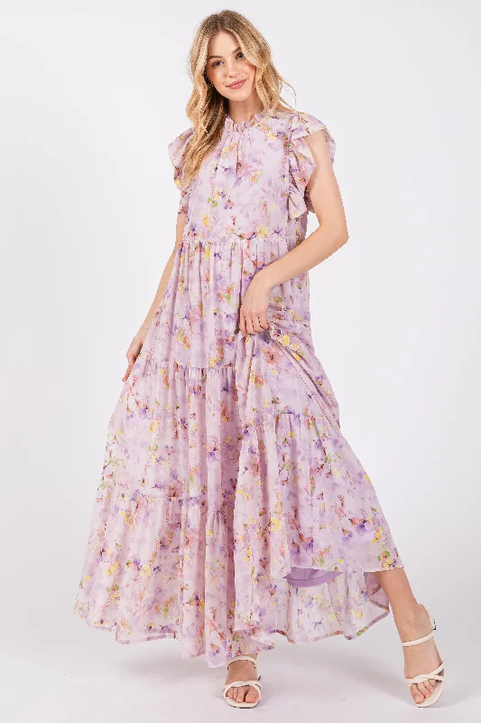 Lavender Floral Chiffon Ruffle Shoulder Tiered Maxi Dress Zara maxi dresses