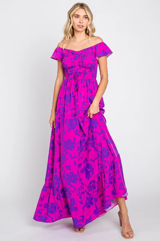 Magenta Floral Smocked Cinched Top Maxi Dress Prom maxi dresses