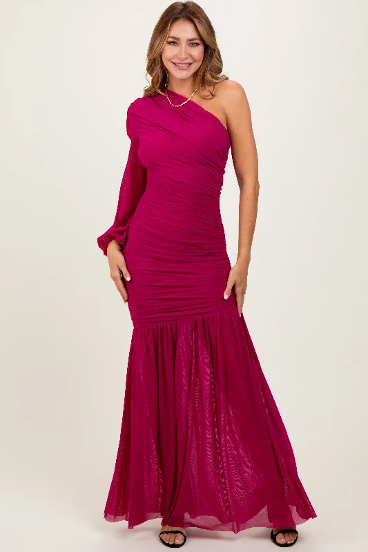 Magenta Ruched Mesh One Shoulder Asymmetric Maxi Dress Fashion-forward maxi dresses