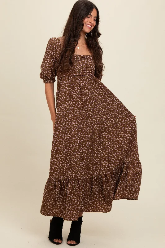 Mocha Floral Pleated Bodice Maxi Dress Sleeveless maxi dresses