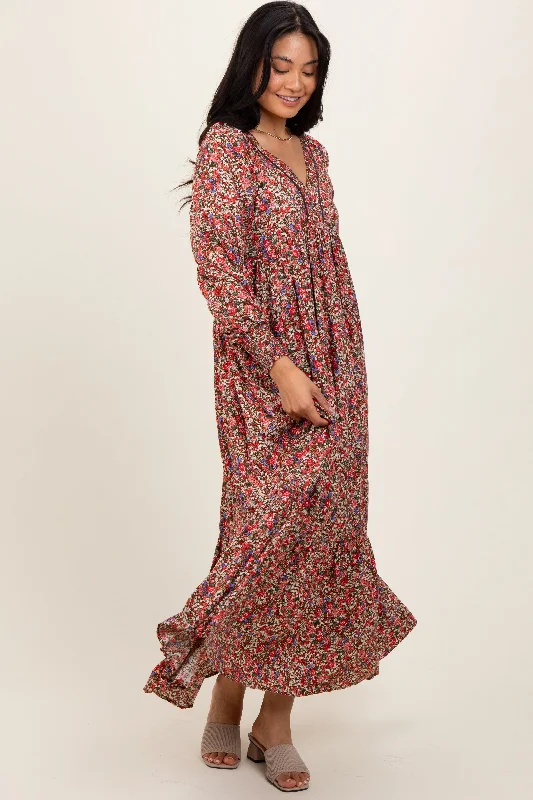 Mocha Floral V-Neck Bubble Sleeve Maxi Dress Winter maxi dresses