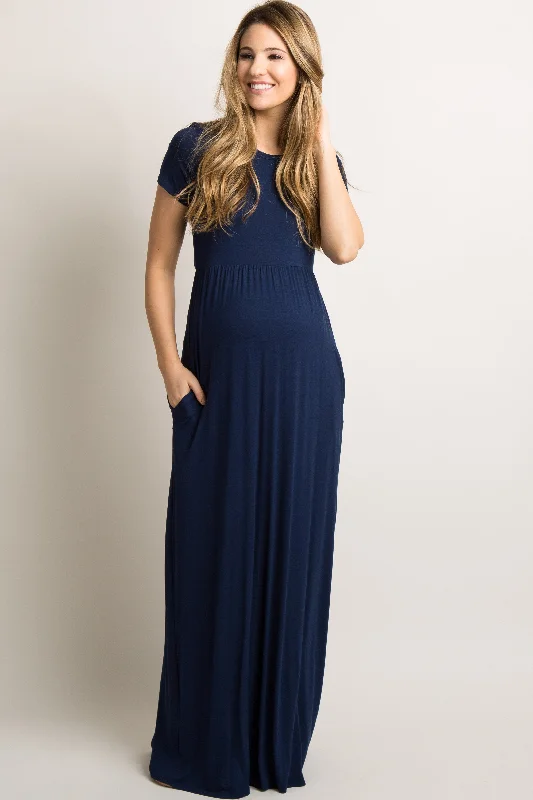 Navy Blue Solid Side Pocket Maternity Maxi Dress Fashion Nova maxi dresses