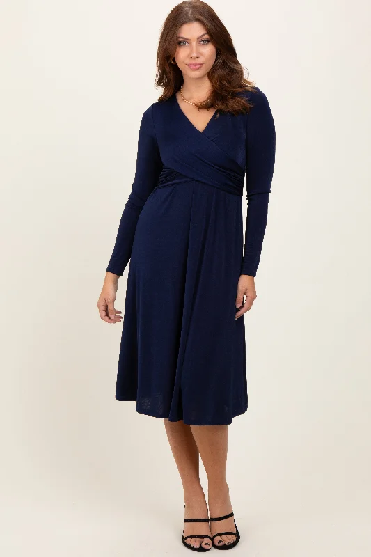 Navy Crossover V-Neckline Long Sleeve Nursing Dress Women's trendy maxi dresses sale