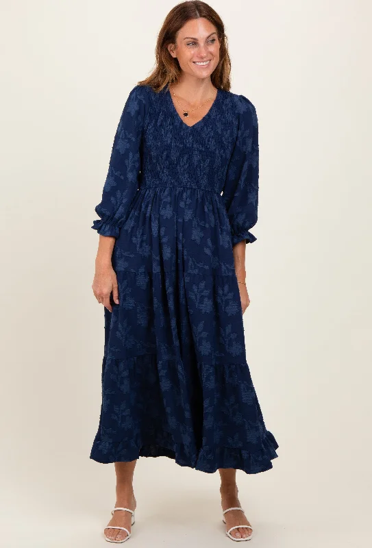 Navy Floral Smocked V-Neck Maxi Dress A-line maxi dresses