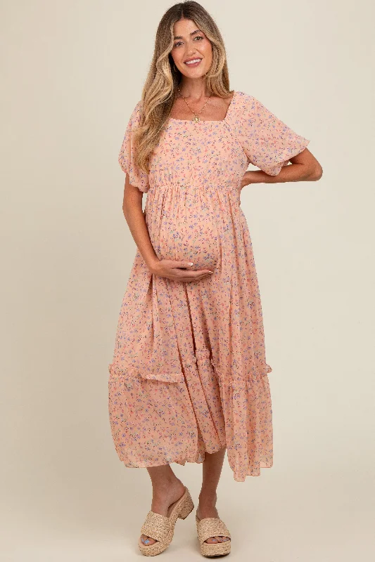 Peach Floral Ruffle Hem Maternity Maxi Dress Wedding guest maxi dresses