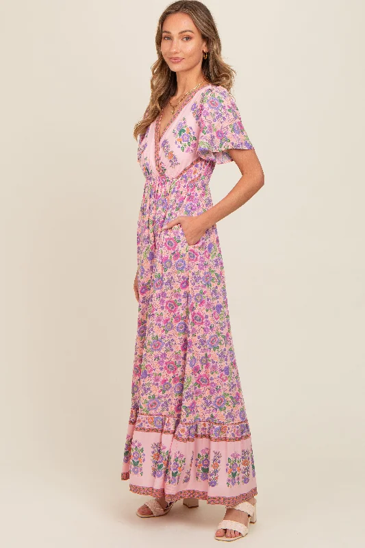 Pink Floral Border Printed Woven Short Sleeve V-Neck Maxi Dress High-end maxi dresses