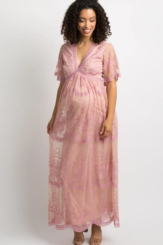 Pink Lace Mesh Overlay Maternity Maxi Dress Cocktail maxi dresses