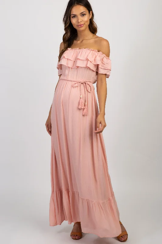 Pink Off Shoulder Tassel Tie Maternity Maxi Dress Edgy maxi dresses