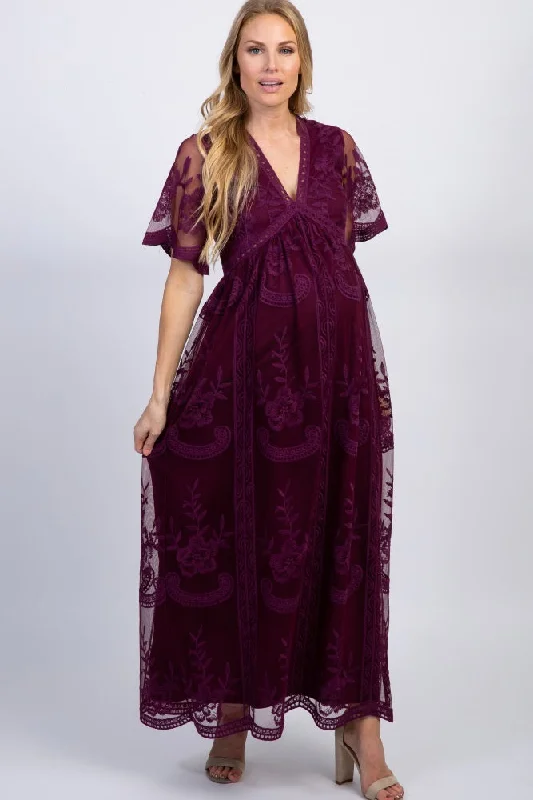 PinkBlush Deep Burgundy Lace Mesh Overlay Maternity Maxi Dress Minimalist maxi dresses