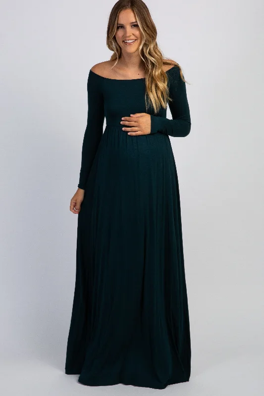 PinkBlush Forest Green Solid Off Shoulder Maternity Maxi Dress Glamorous maxi dresses