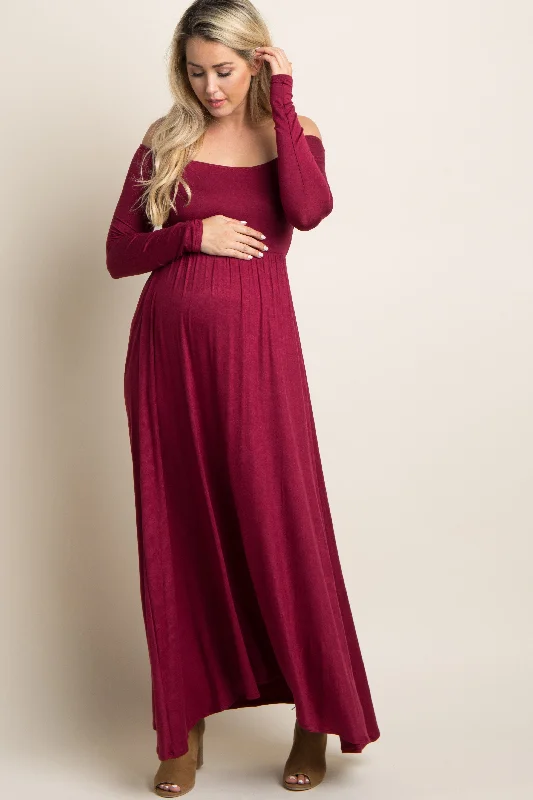 PinkBlush Petite Dark Burgundy Solid Off Shoulder Maternity Maxi Dress Graduation maxi dresses