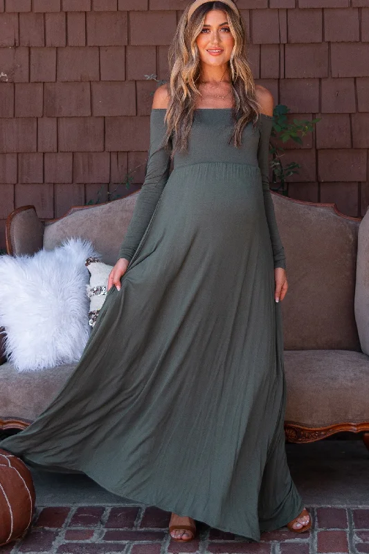 PinkBlush Petite Olive Solid Off Shoulder Maternity Maxi Dress Boho maxi dresses