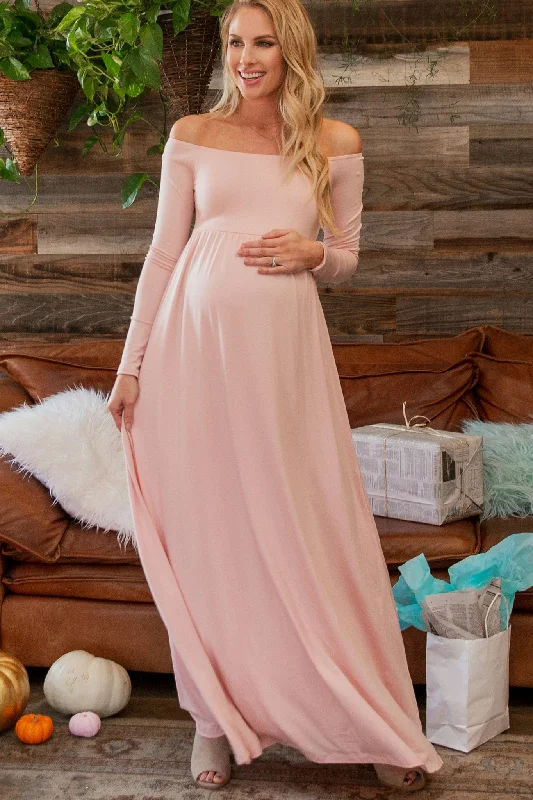 PinkBlush Petite Pink Solid Off Shoulder Maternity Maxi Dress Shein maxi dresses