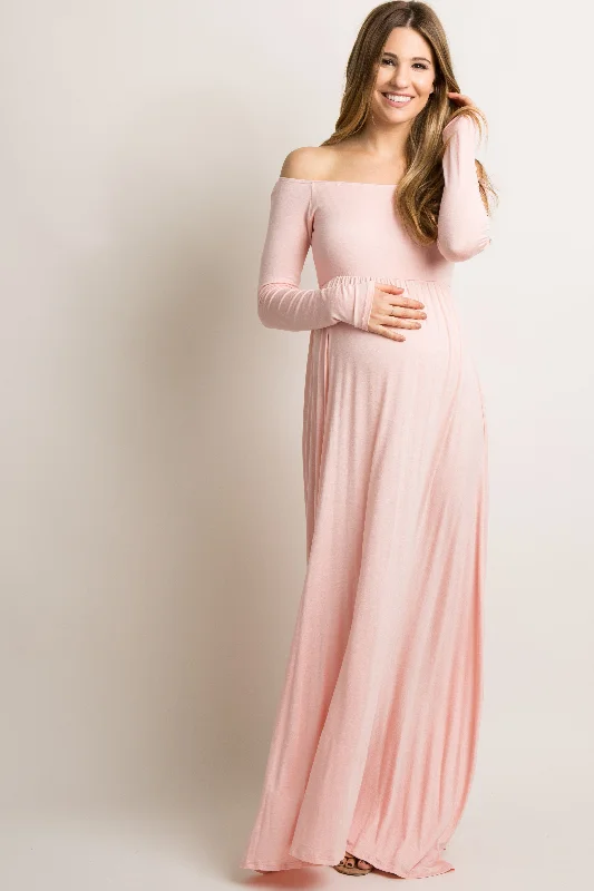 PinkBlush Tall Pink Solid Off Shoulder Maternity Maxi Dress Vacation maxi dresses