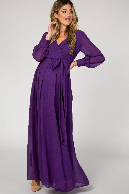 Purple Chiffon Long Sleeve Pleated Maternity Maxi Dress Holiday maxi dresses