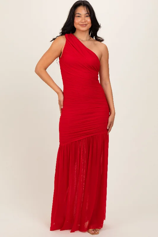 Red Ruched Mesh One Shoulder Maxi Dress Best maxi dresses for petites