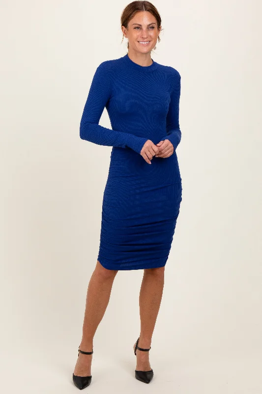 Royal Blue Ribbed Mock Neck Ruched Long Sleeve Dress Best maxi dresses for date night