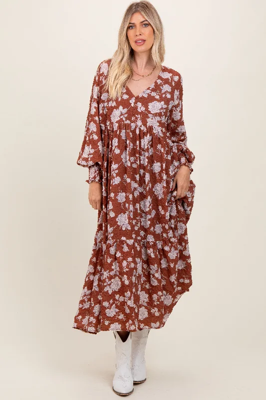 Rust Floral Textured Bubble Sleeve Maxi Dress Corset maxi dresses