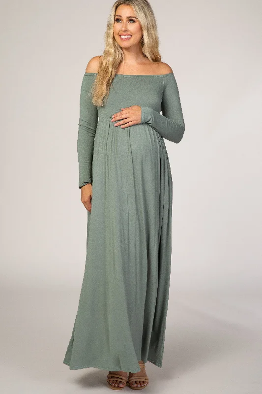 Sage Off Shoulder Long Sleeve Maternity Maxi Dress Leather maxi dresses