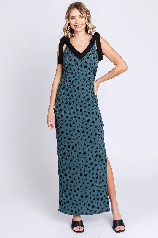 Teal Ribbed Polka Dot Shoulder Tie Maxi Dress Clubbing maxi dresses