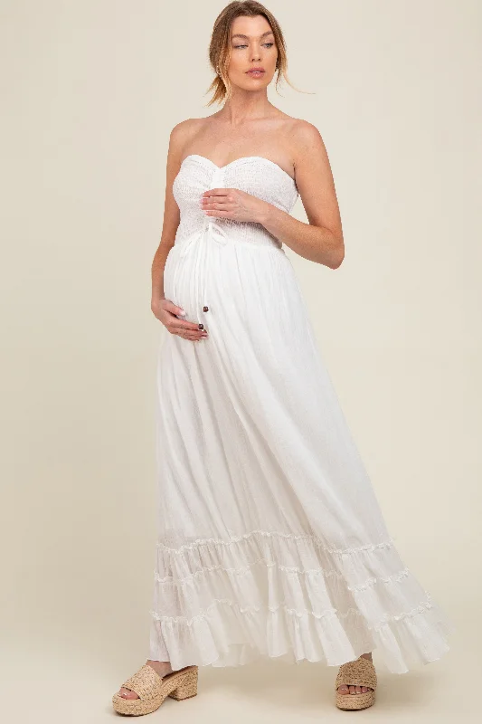 White Smocked Cutout Back Maternity Maxi Dress Formal maxi dresses