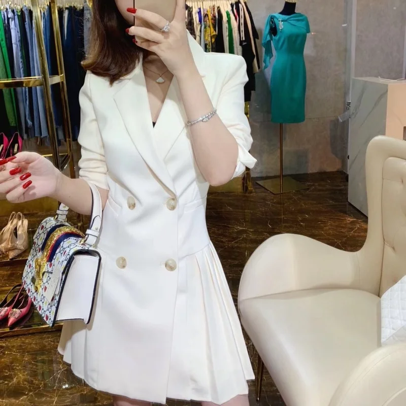 Women Fashion Pleated Double-Breasted Long Sleeve White Blazer Dress Denim maxi dresses