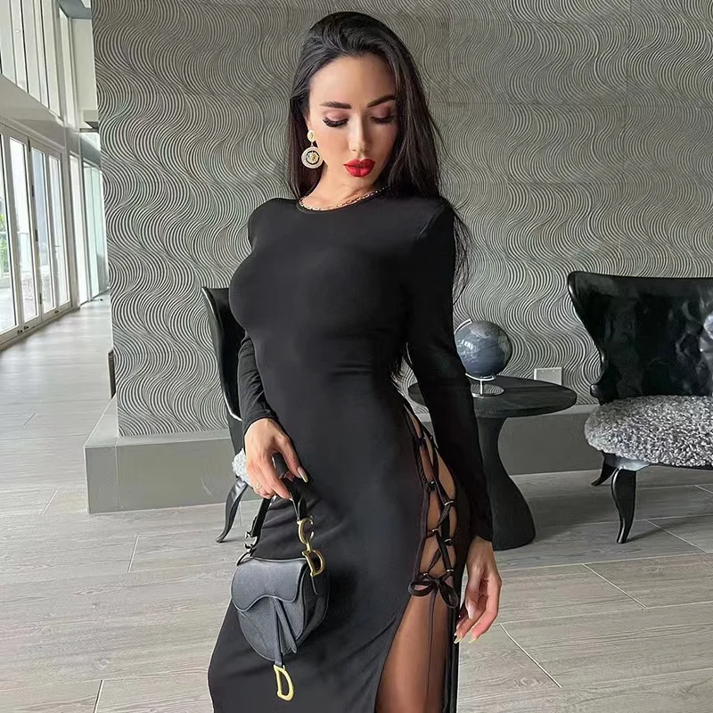 Women Fashion Sexy Long Sleeve Backless Slit Bandage Dress Best maxi dresses for hourglass body shape