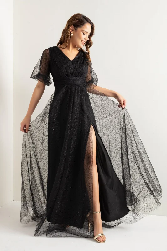 Women'S Balloon Sleeve Silvery Long Evening Dress Anniversary maxi dresses