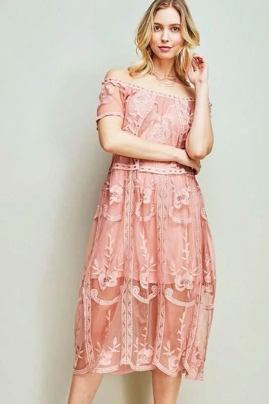 Entro Off Shoulder Lace Midi Dress - Blush Ruffled midi dresses