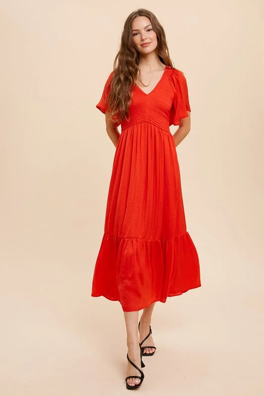 In Loom Satin Smocked Midi Dress - Red Orange H&M midi dresses