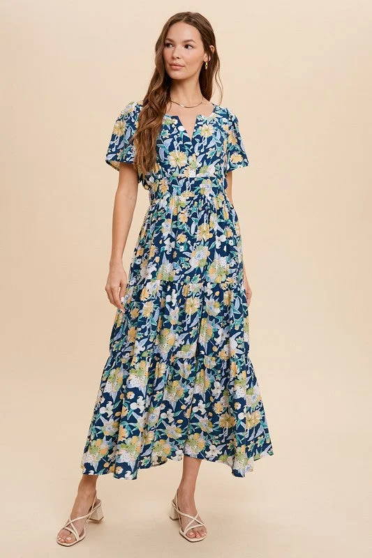 In Loom V Neck Floral Midi Dress - Midnight Blue Revolve midi dresses