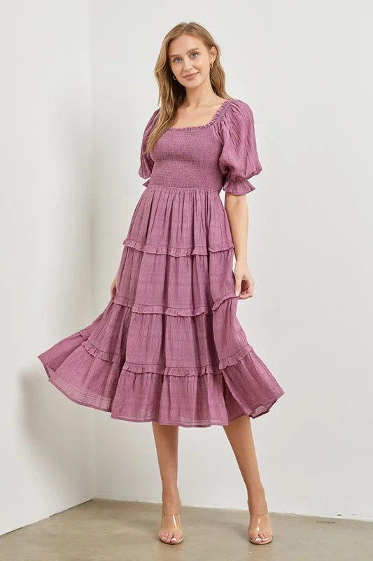 Polagram Tiered Smocked Midi Dress - Blueberry Lavender Chic midi dresses