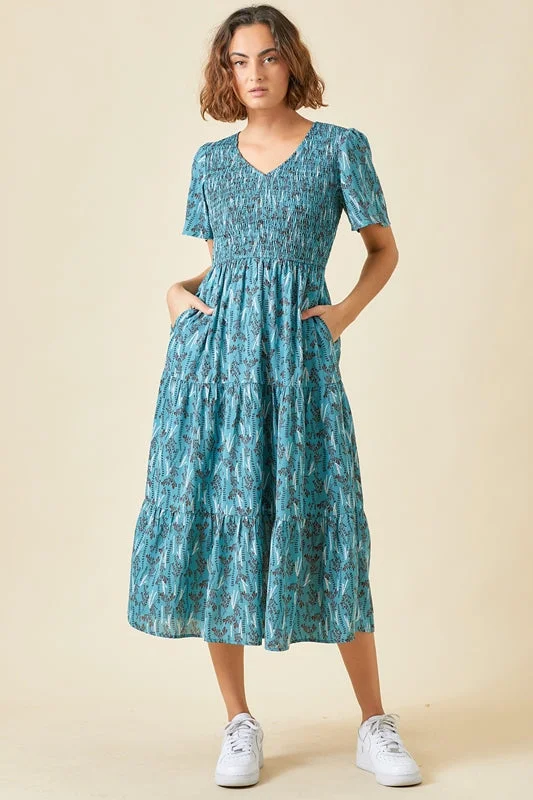 Polagram Smocked Tiered Leaf Print Midi Dress - Teal Vintage midi dresses