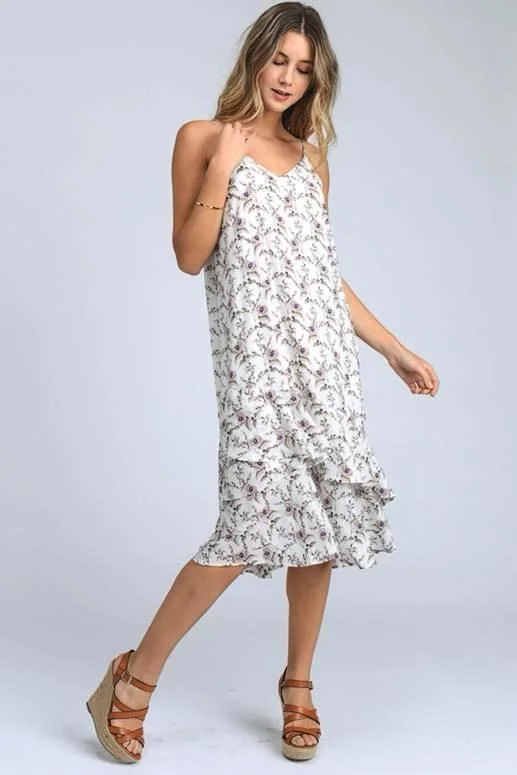 Doe & Rae Small Flowers Ruffle Midi Dress - Ivory Tiered midi dresses