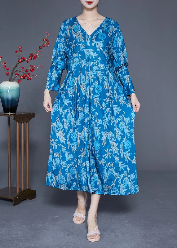 Blue Print Silk Holiday Dresses V Neck Oversized Spring LY1847 Birthday floral dresses