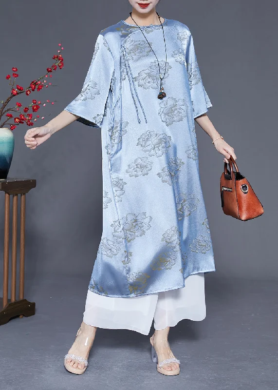 Blue Print Silk Long Dresses Chinese Button Tassel Half Sleeve LY1858 Brunch floral dresses