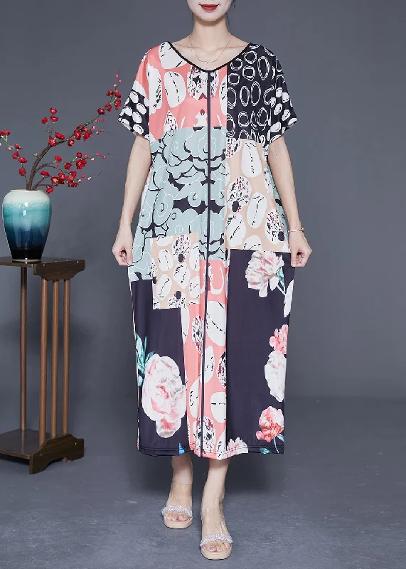 Casual Colorblock V Neck Print Silk Vacation Dresses Summer LY1848 Garden party floral dresses