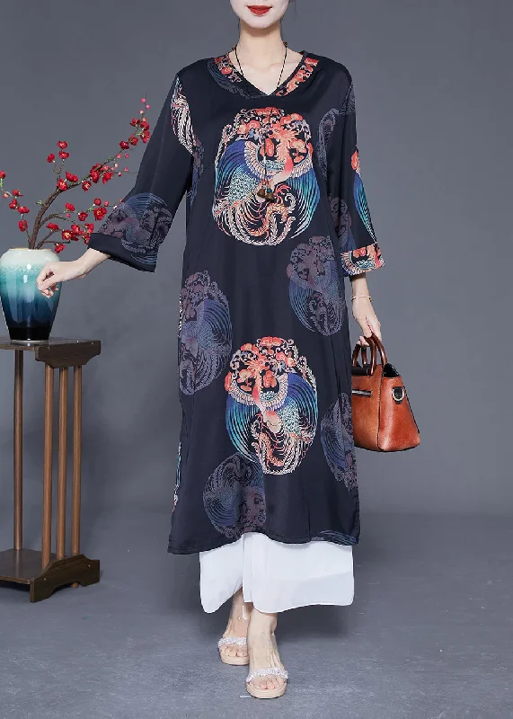 Diy Black V Neck Print Side Open Silk Dresses Bracelet Sleeve LY1828 Flowy floral dresses