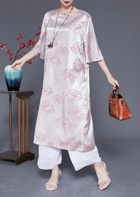 Elegant Pink O-Neck Print Tassel Silk Long Dress Half Sleeve LY1832 Wrap floral dresses